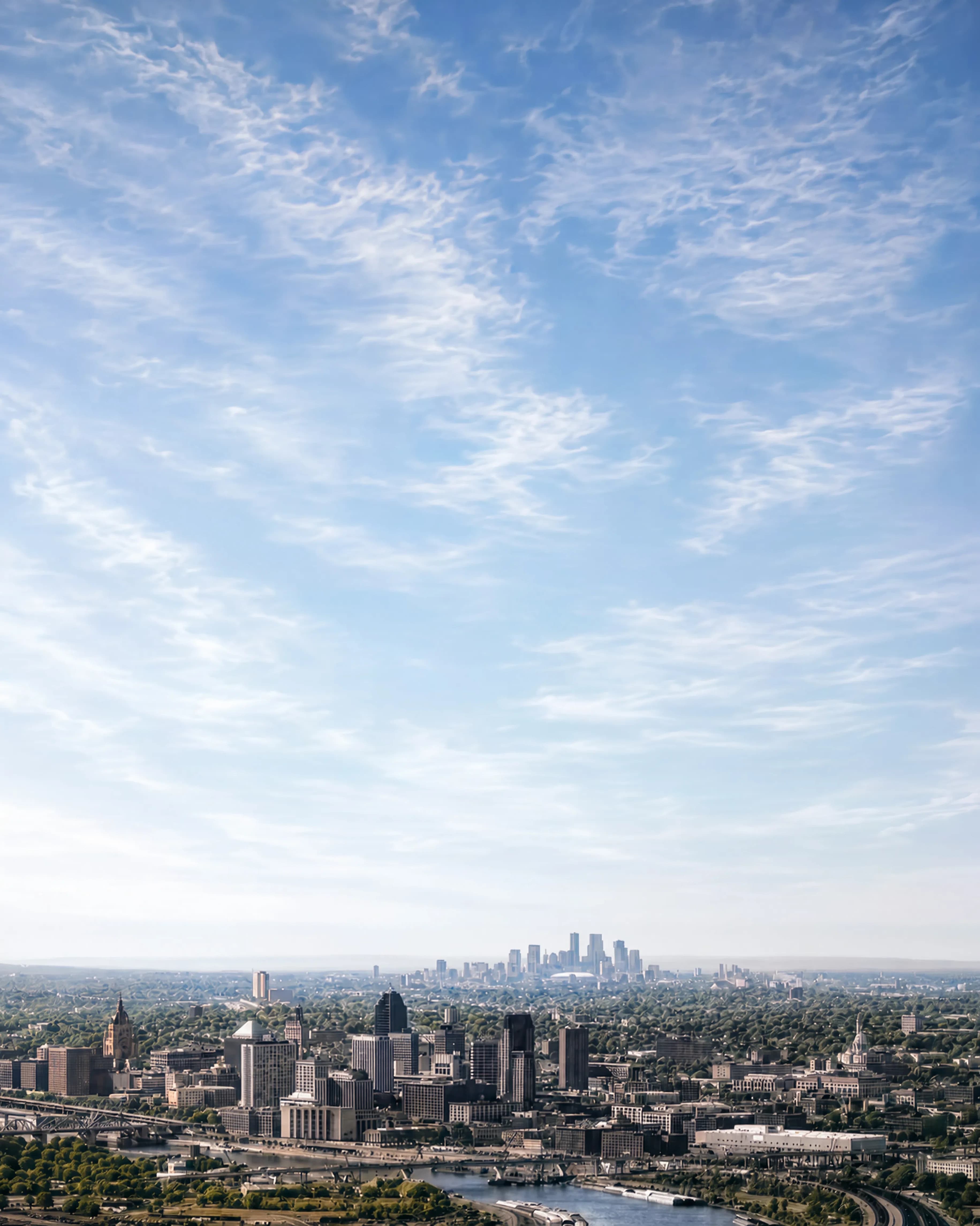 View of the Twin Cities under a wide cloudy sky. Saint Paul is in the foreground with the distant Minneapolis skyline across the river.