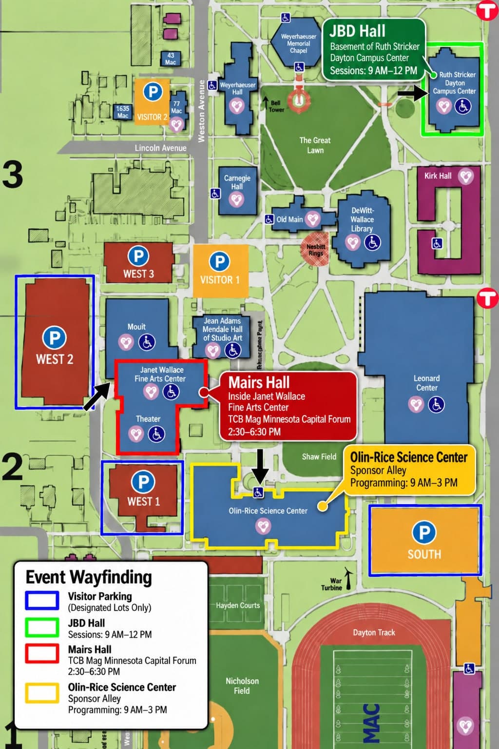 TCSW wayfinding map of the Macalester campus. Visitor parking is the Visitor 1 and 2 lots off Weston Avenue and the West 1, 2 and 3 lots; JBD Hall is in the basement of the Ruth Stricker Dayton Campus Center with sessions 9 AM to 12 PM; Mairs Hall is inside the Janet Wallace Fine Arts Center hosting the TCB Mag Minnesota Capital Forum 2:30 to 6:30 PM; the Olin-Rice Science Center holds Sponsor Alley with programming 9 AM to 3 PM. Accessible entrances are marked on each building.